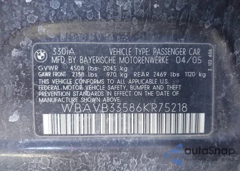 2006 BMW 330I z USA, uszkodzony, nr VIN WBAVB33586KR75218